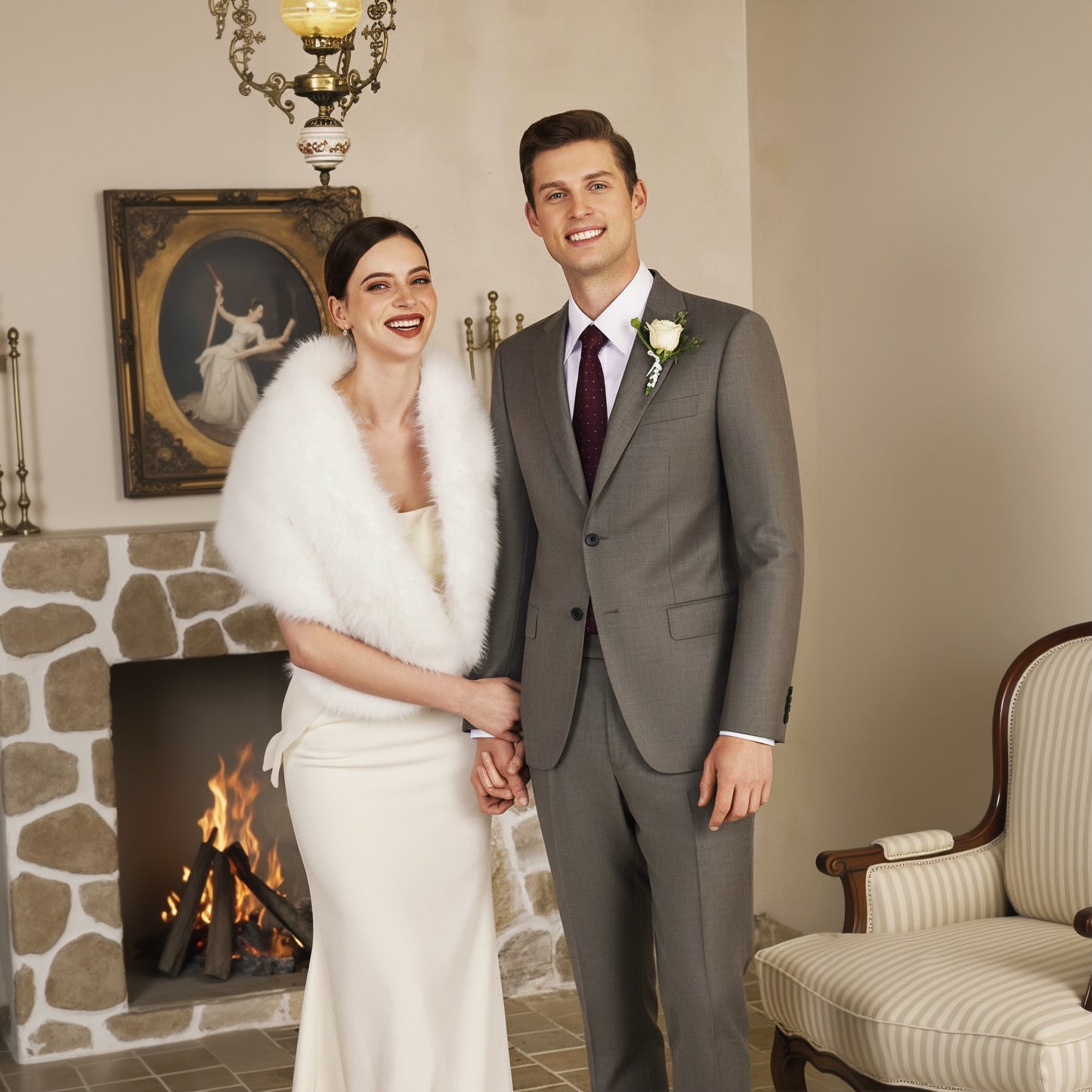 A man and a woman standing close by a fireplace, both dressed in formal wear. The woman is wearing a white dress with a fur stole, and the man is in a grey suit with a notched lapel and a waistcoat.