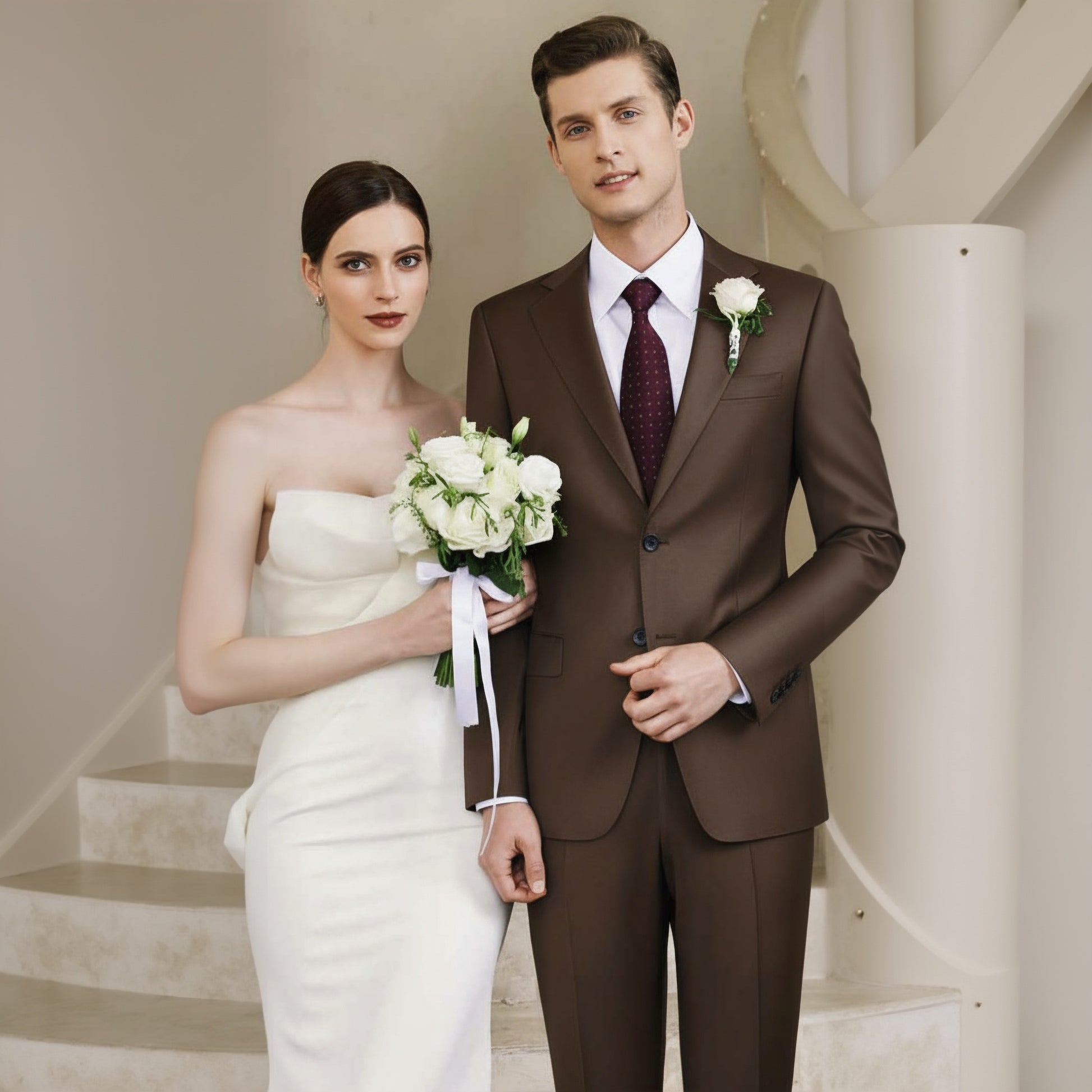 A man and a woman standing next to each other, the woman holding a bouquet, both dressed in brown single-breasted suits with notched lapels and double vents.
