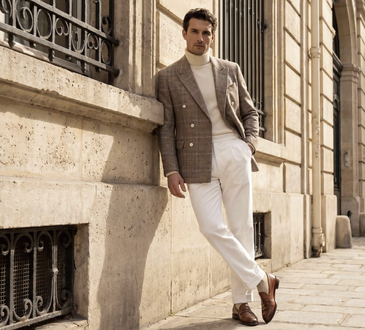 A man in a beige and brown plaid double-breasted blazer, white turtleneck sweater, and white trousers leans against a stone building facade.
