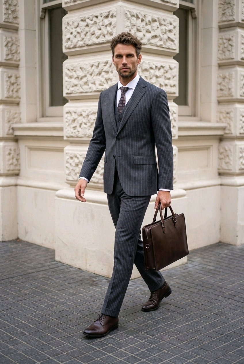 A man in a dark gray pinstripe suit walks outdoors carrying a brown leather briefcase, set against a classical stone building facade.