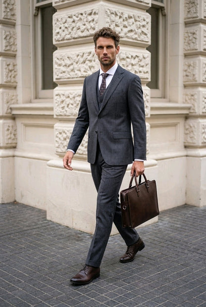 A man in a dark gray pinstripe suit walks outdoors carrying a brown leather briefcase, set against a classical stone building facade.