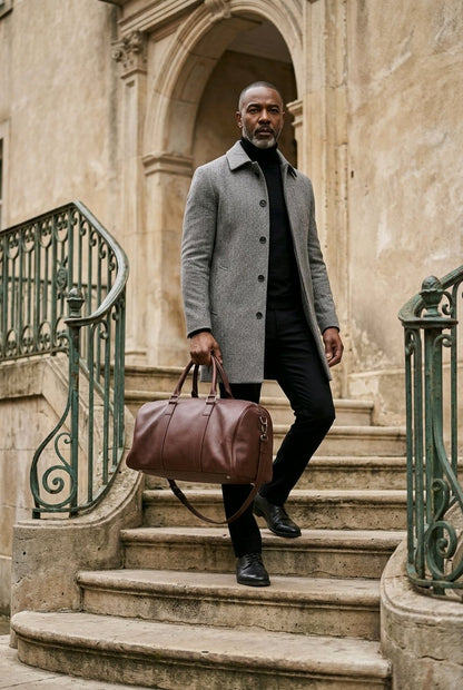 A man in a gray overcoat and black outfit walks down stone stairs carrying a brown leather duffel bag.