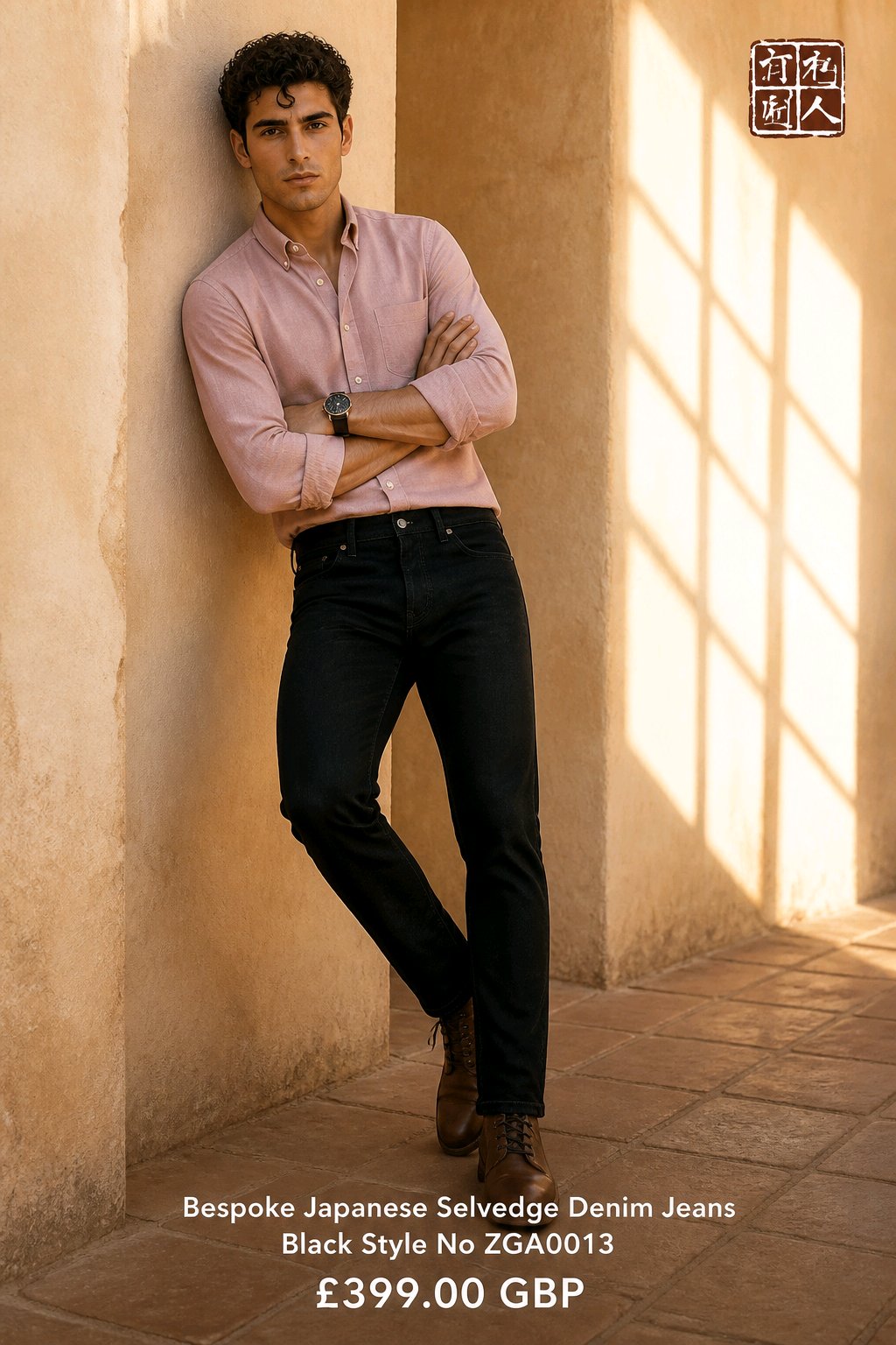A man leans against a sunlit beige plaster wall wearing a light pink button-up shirt and black denim jeans, with text at the bottom identifying the jeans as 'Bespoke Japanese Selvedge Denim Jeans Black Style No ZGA0013' and a price of '£399.00 GBP'.