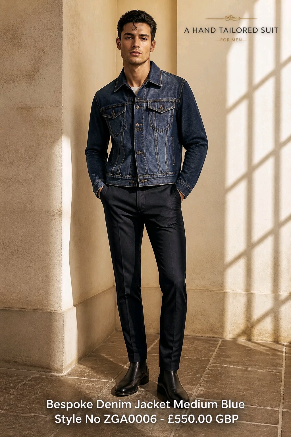 A man modeling a bespoke medium blue denim jacket with matching dark trousers and black boots, standing in a sunlit stone corridor. Text overlays specify the product as a bespoke denim jacket in medium blue.