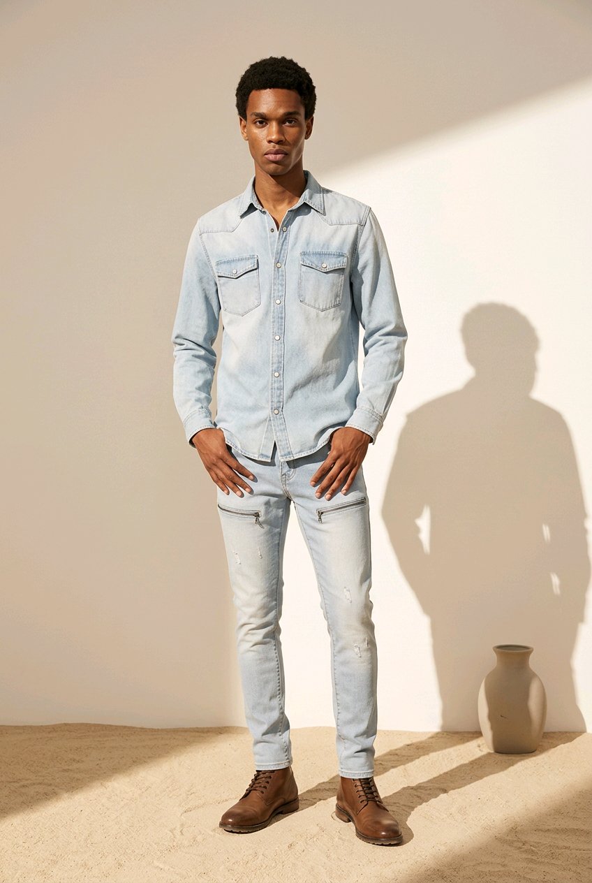 A man modeling a light blue denim long-sleeve button-up shirt and matching light blue jeans, paired with brown leather shoes, standing in a sunlit studio with a beige wall and floor.