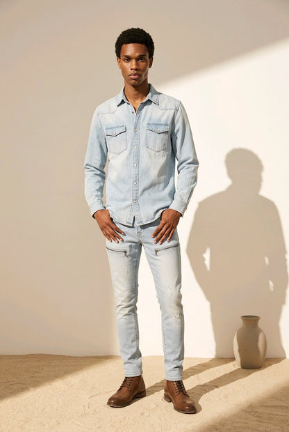 A man modeling a light blue denim long-sleeve button-up shirt and matching light blue jeans, paired with brown leather shoes, standing in a sunlit studio with a beige wall and floor.