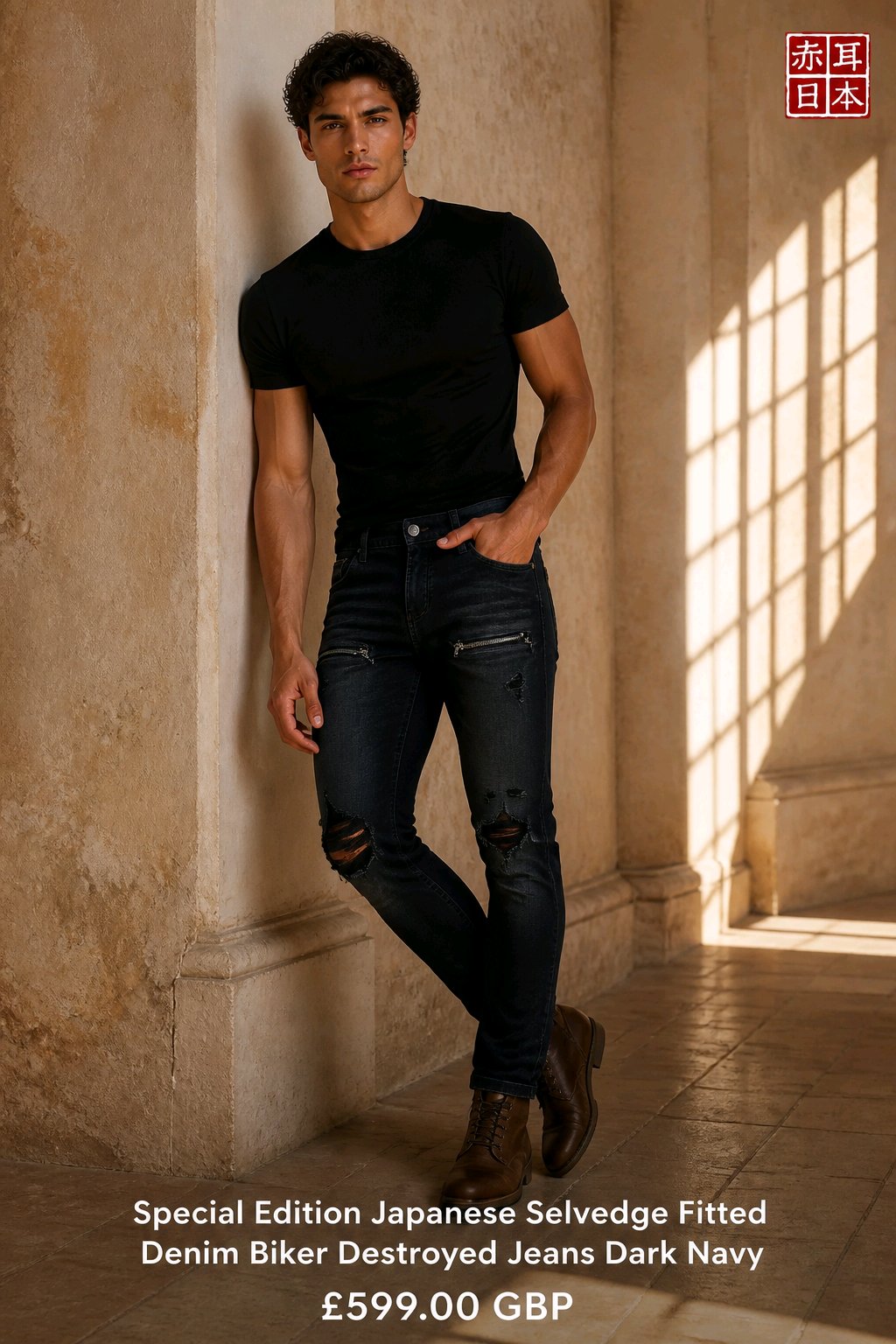 A man modeling dark navy Japanese selvedge denim jeans with distressed knee rips and a black t-shirt, leaning against a stone pillar in a sunlit corridor. Text at the bottom reads 'Special Edition Japanese Selvedge Fitted Denim Biker Destroyed Jeans Dark Navy' and '£599.