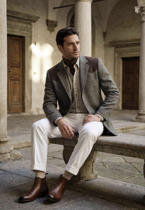 A man sits on a stone bench in an outdoor courtyard wearing a textured gray tweed blazer with brown shoulder patches, white trousers, a checkered shirt, and brown leather boots.