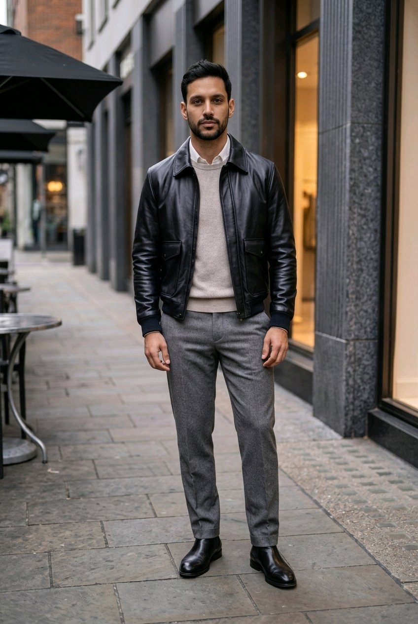 A man standing on a city sidewalk wearing a black leather jacket, a beige knit sweater, gray trousers, and black dress shoes.