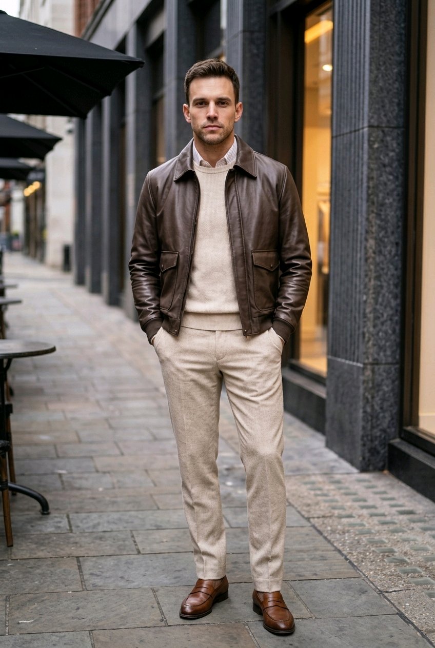 A man standing on a city sidewalk wearing a brown leather jacket, cream sweater, beige trousers, and brown leather shoes.