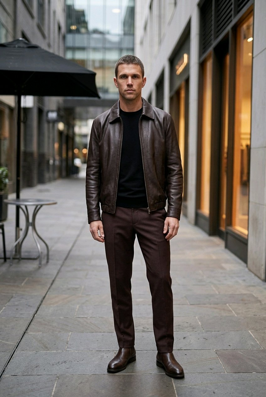 A man standing on a city sidewalk wearing a dark brown leather jacket, a black t-shirt, dark brown trousers, and brown leather shoes.