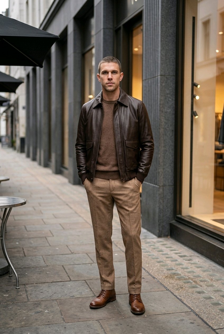 A man standing on a city sidewalk wearing a dark brown leather jacket, a brown knit sweater, tan trousers, and brown leather shoes.
