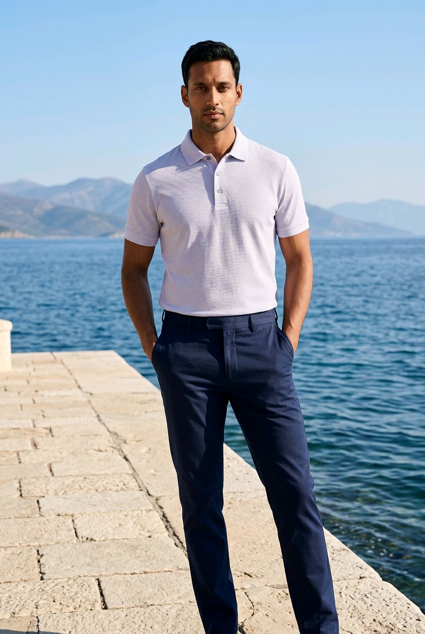 A man standing on a stone pier by the sea wearing a light lavender polo shirt and navy blue trousers, with a scenic ocean and mountain background.