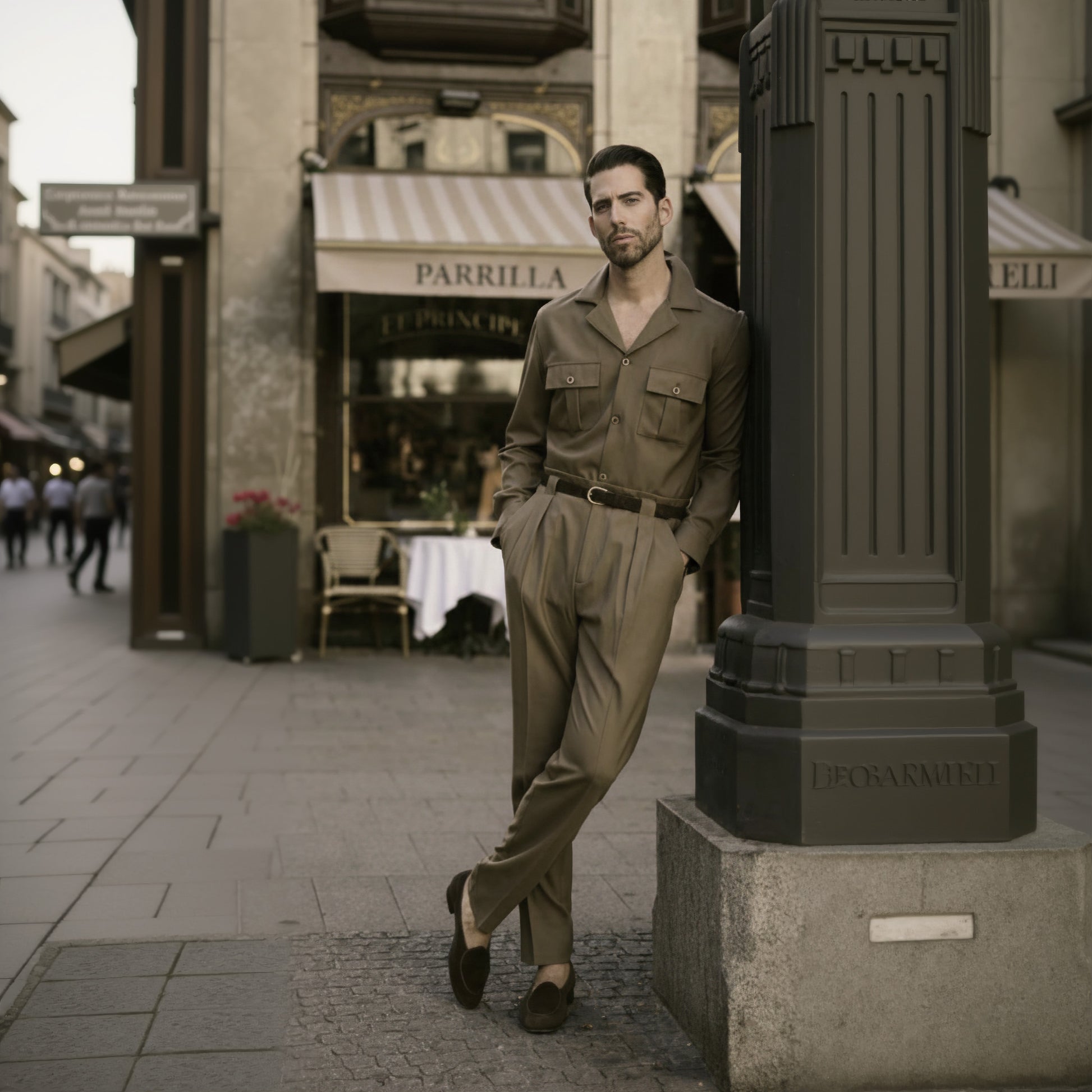 A man standing on the sidewalk wearing a brown two-piece wool stretch suit with a double-breasted jacket and trousers, featuring double pleats and front pockets.