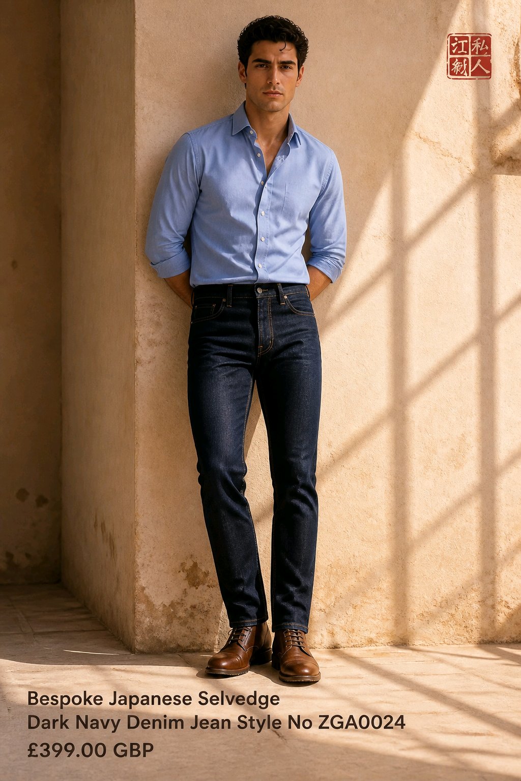 A man stands against a sunlit beige wall wearing a light blue button-up shirt, dark navy denim jeans, and brown leather shoes. Text at the bottom reads 'Bespoke Japanese Selvedge Dark Navy Denim Jean Style No ZGA0024 £399.