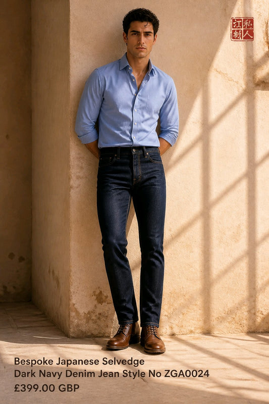 A man stands against a sunlit beige wall wearing a light blue button-up shirt, dark navy denim jeans, and brown leather shoes. Text at the bottom reads 'Bespoke Japanese Selvedge Dark Navy Denim Jean Style No ZGA0024 £399.