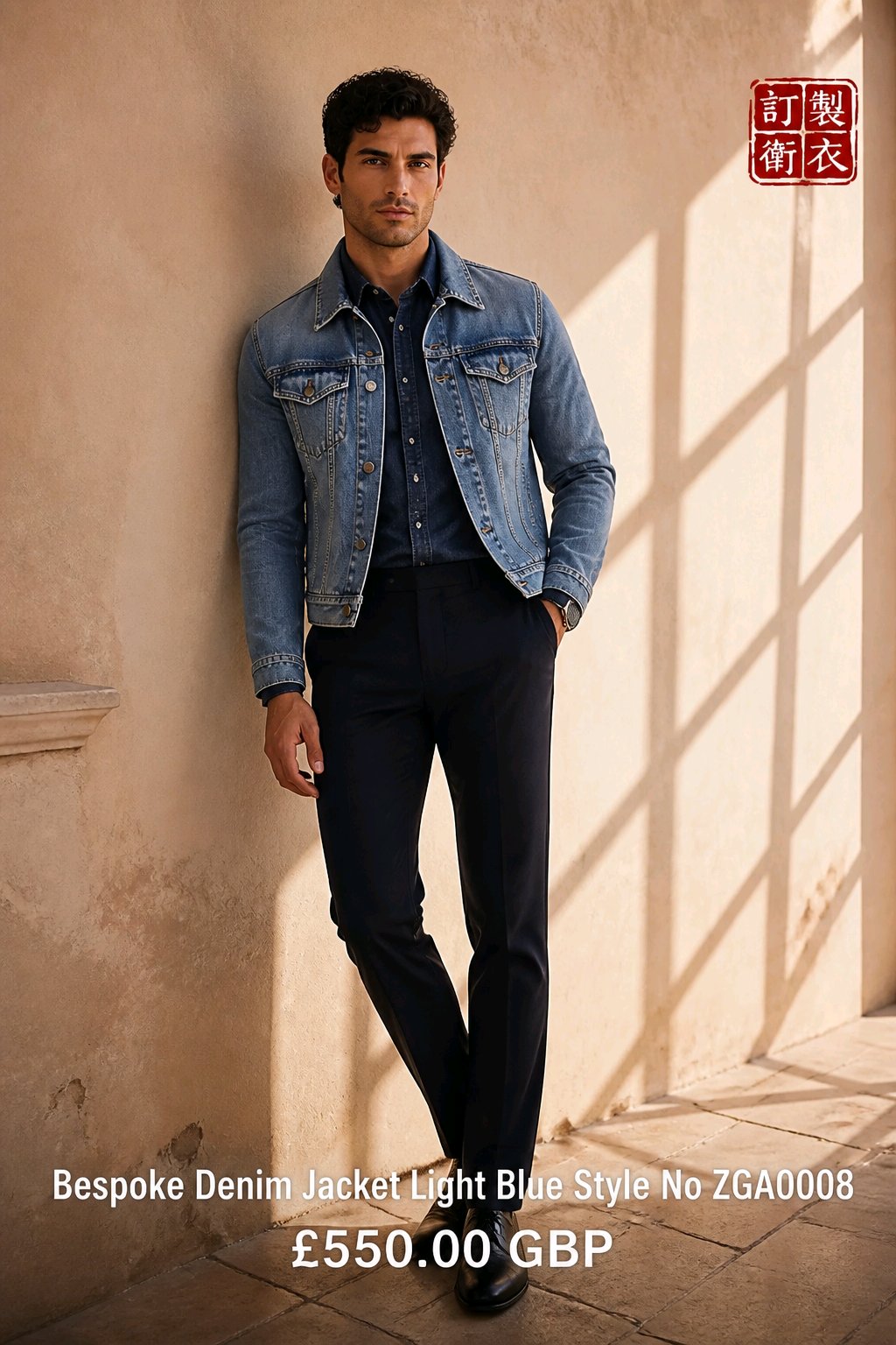 A man stands against a textured beige wall wearing a light blue denim jacket over a dark button-up shirt and dark trousers. The photo has warm sunlight casting window-frame shadows on the wall, with product text at the bottom and a red brand mark at the top right.