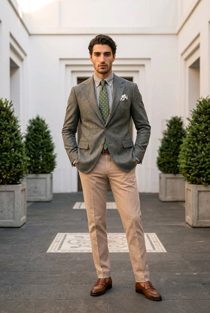 A man stands in a courtyard wearing a gray blazer, beige trousers, a green patterned tie, a white shirt, and brown dress shoes. The background features white building walls and potted green shrubs.