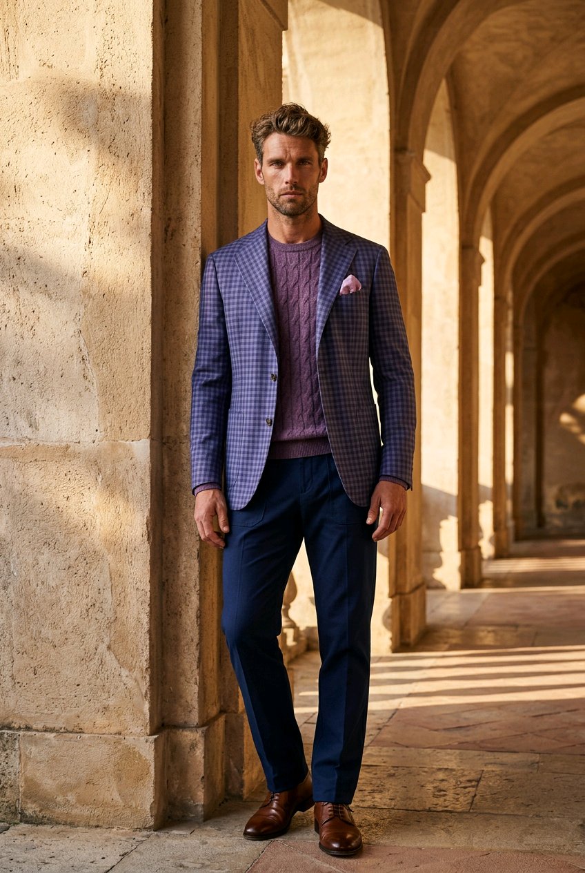 A man stands in a stone arcade wearing a blue and purple checkered blazer over a purple knit sweater, navy trousers, and brown leather shoes.