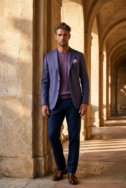 A man stands in a stone arcade wearing a blue and purple checkered blazer over a purple knit sweater, navy trousers, and brown leather shoes.