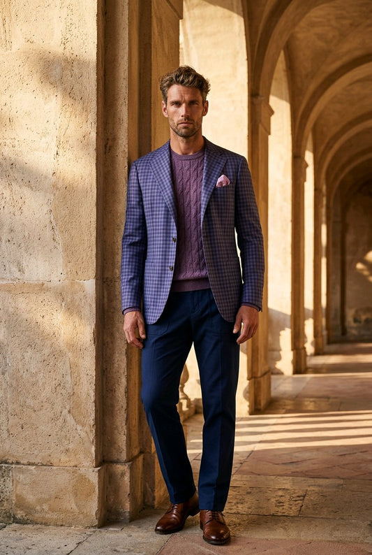 A man stands in a stone arcade wearing a blue and purple checkered blazer over a purple knit sweater, navy trousers, and brown leather shoes.