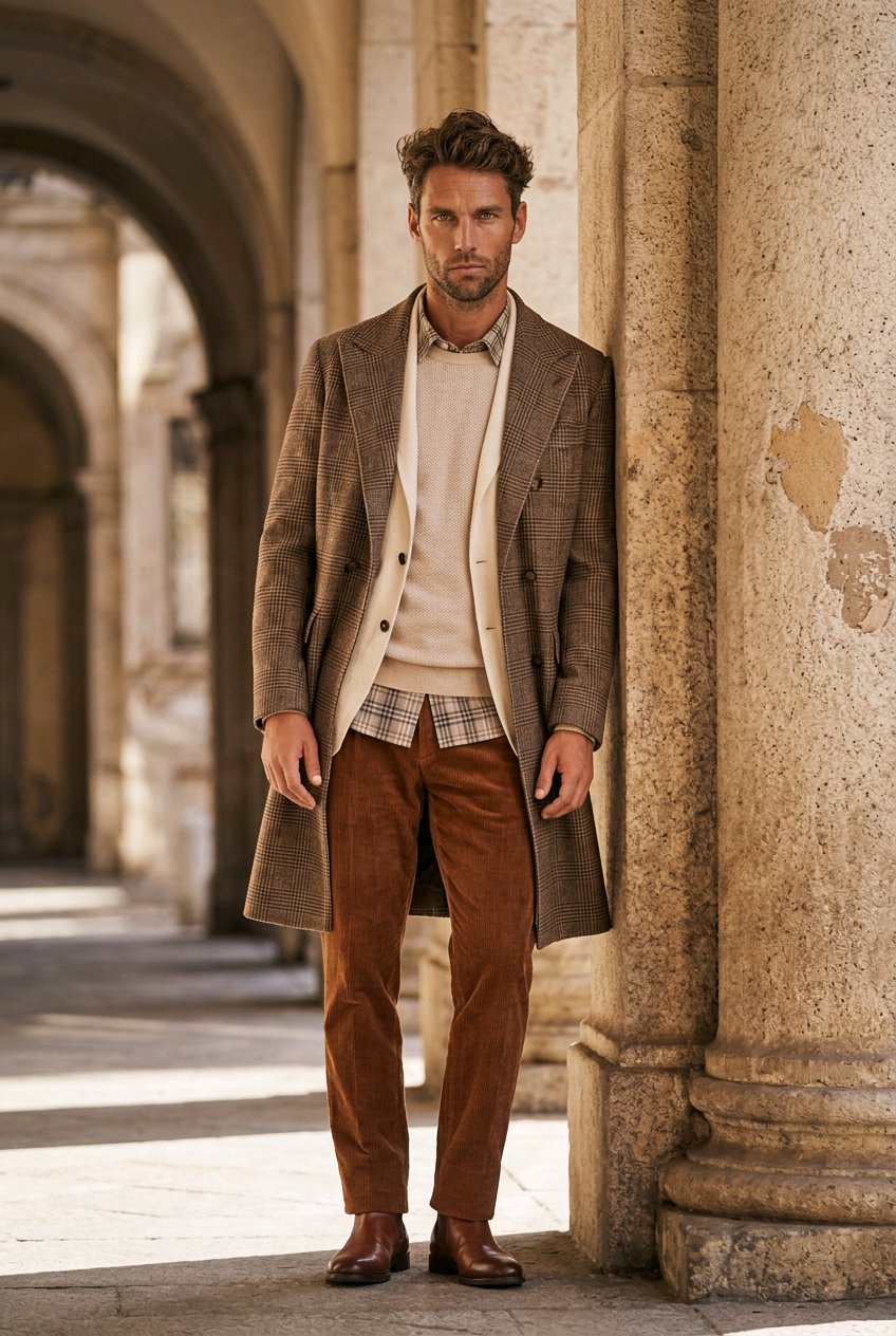 A man stands in a stone arcade wearing a brown double-breasted overcoat, cream sweater vest, plaid shirt, brown corduroy trousers, and brown leather shoes.