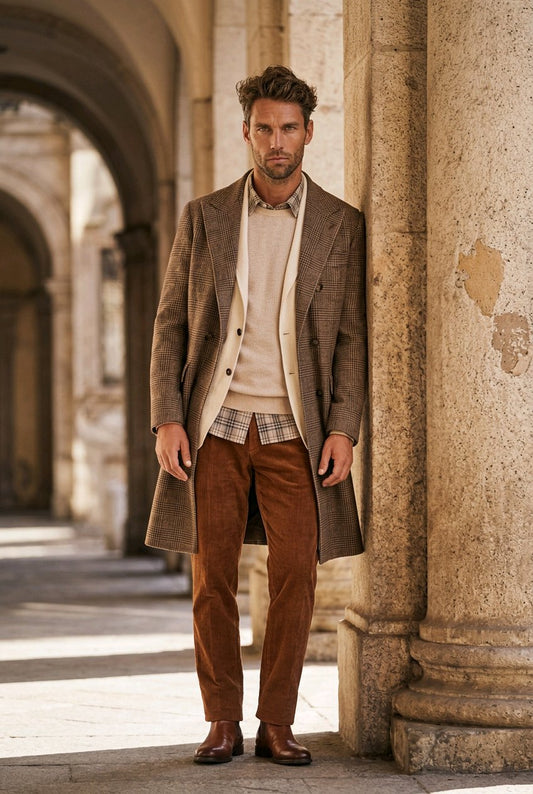A man stands in a stone arcade wearing a brown double-breasted overcoat, cream sweater vest, plaid shirt, brown corduroy trousers, and brown leather shoes.