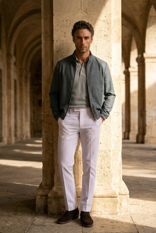 A man stands in a stone arcade wearing a dark gray textured blazer, a light gray polo shirt, off-white trousers, and dark brown shoes.
