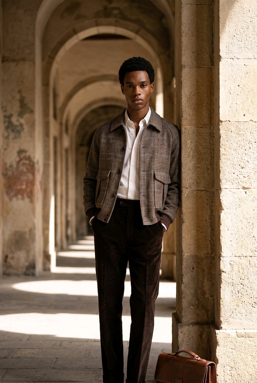 A man stands in a stone colonnade wearing a brown plaid overshirt over a white shirt and dark brown trousers, with a brown leather briefcase on the floor nearby.