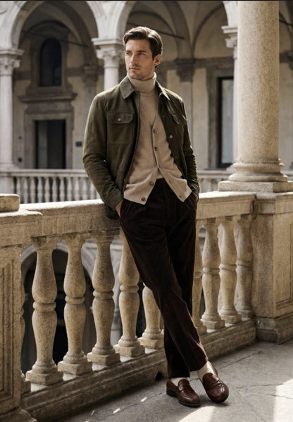 A man stands in a stone colonnade wearing a dark olive green jacket over a beige turtleneck sweater, dark brown trousers, and brown leather loafers.