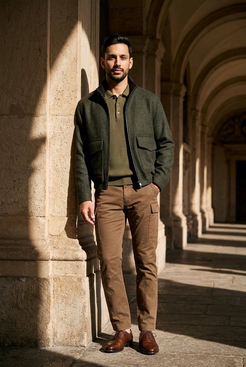 A man stands in a stone colonnade wearing a dark olive green zip-up jacket over a matching olive knit polo, brown cargo pants, and brown leather shoes.