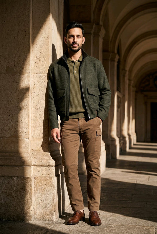 A man stands in a stone colonnade wearing a dark olive green zip-up jacket over a matching olive knit polo, brown cargo pants, and brown leather shoes.
