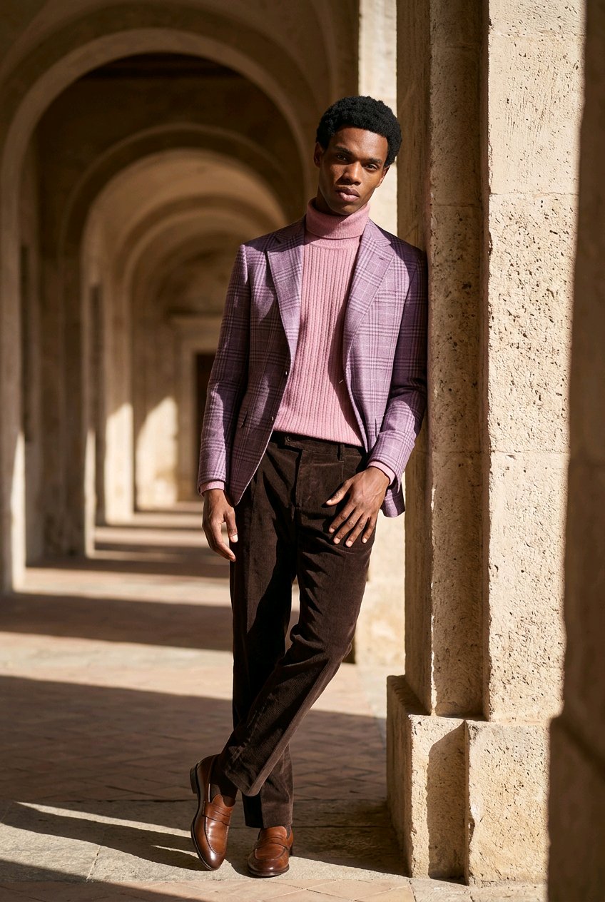 A man stands in a stone colonnade wearing a lavender-purple checkered blazer over a pink ribbed turtleneck sweater, dark brown corduroy trousers, and brown leather shoes.
