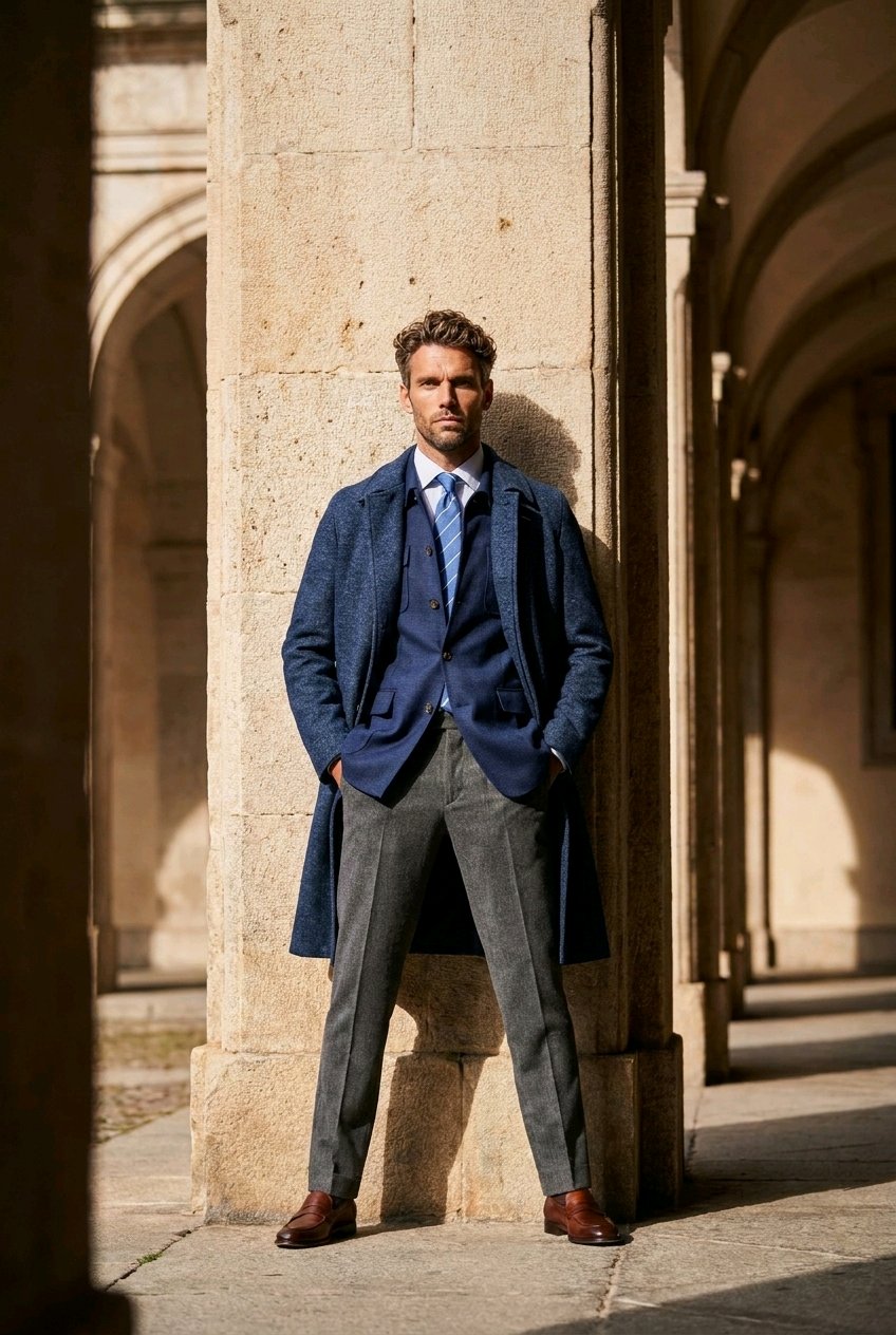 A man stands in a stone colonnade wearing a tailored navy blue three-piece suit with a textured overcoat, grey trousers, and brown leather shoes.