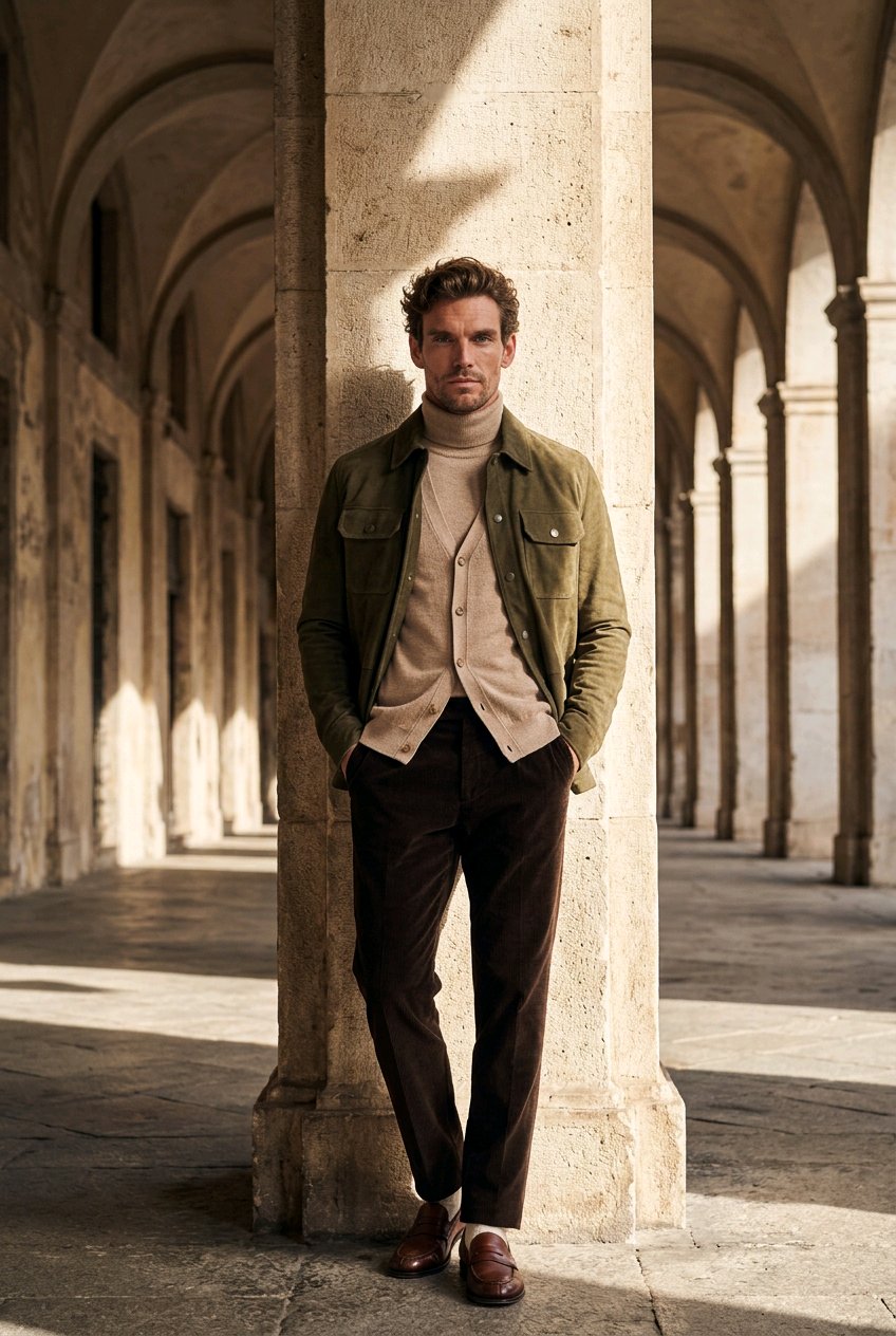 A man stands in a stone colonnade wearing an olive green jacket over a beige turtleneck, a cream shirt, dark brown trousers, and brown shoes.