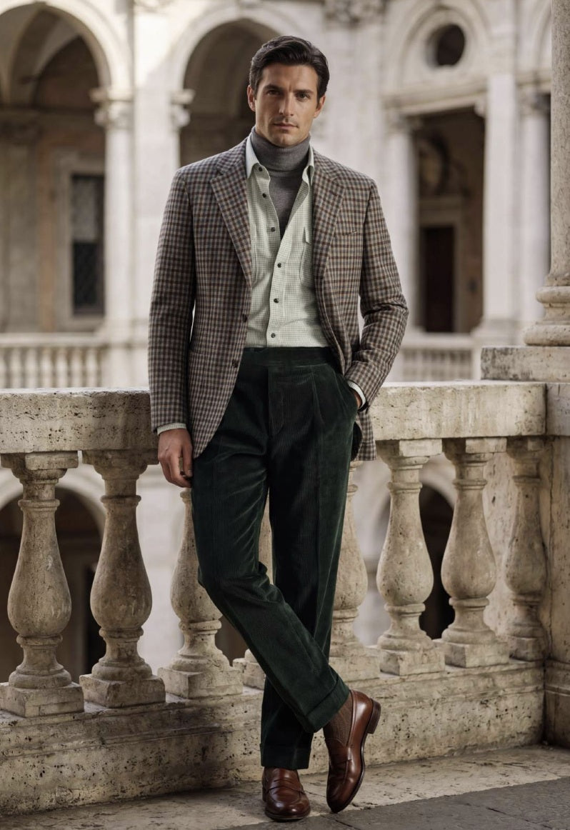 A man stands in a stone courtyard wearing a brown and beige checkered blazer, a light green shirt, dark green trousers, and brown leather shoes.