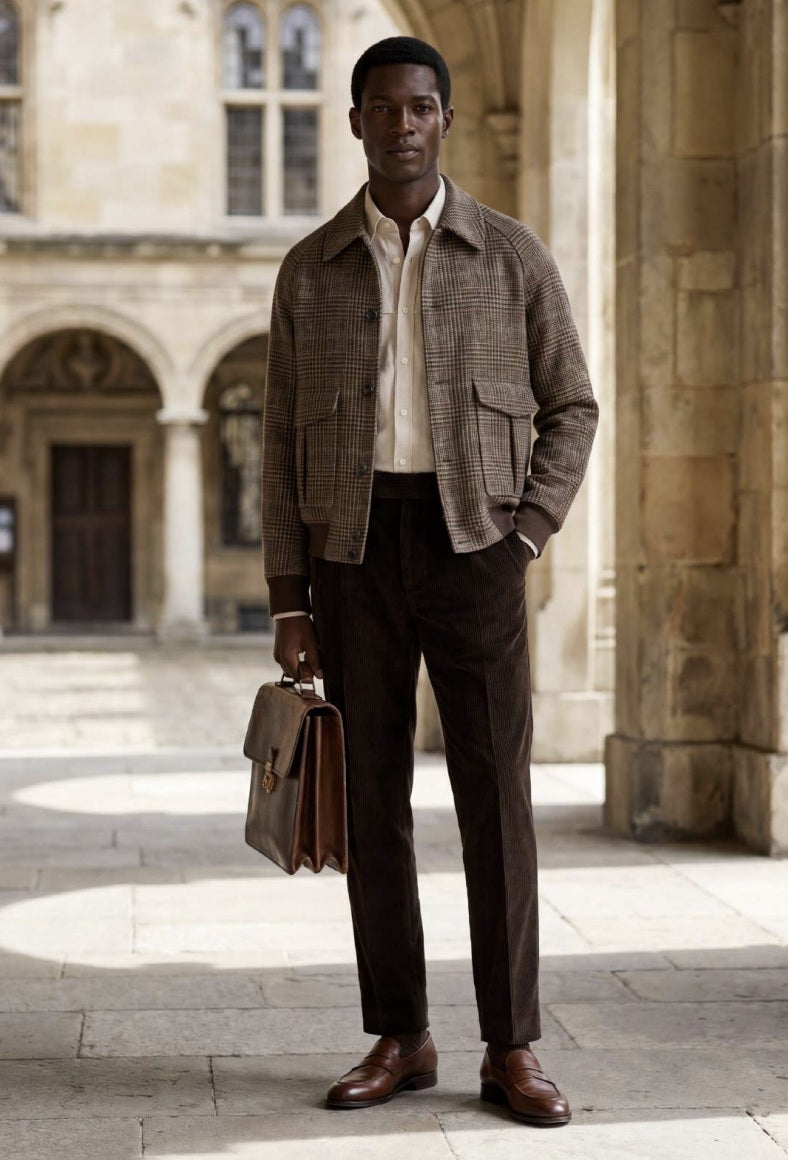 A man stands in a stone courtyard wearing a brown plaid overshirt, white shirt, dark brown trousers, and brown leather loafers, while holding a brown leather briefcase.