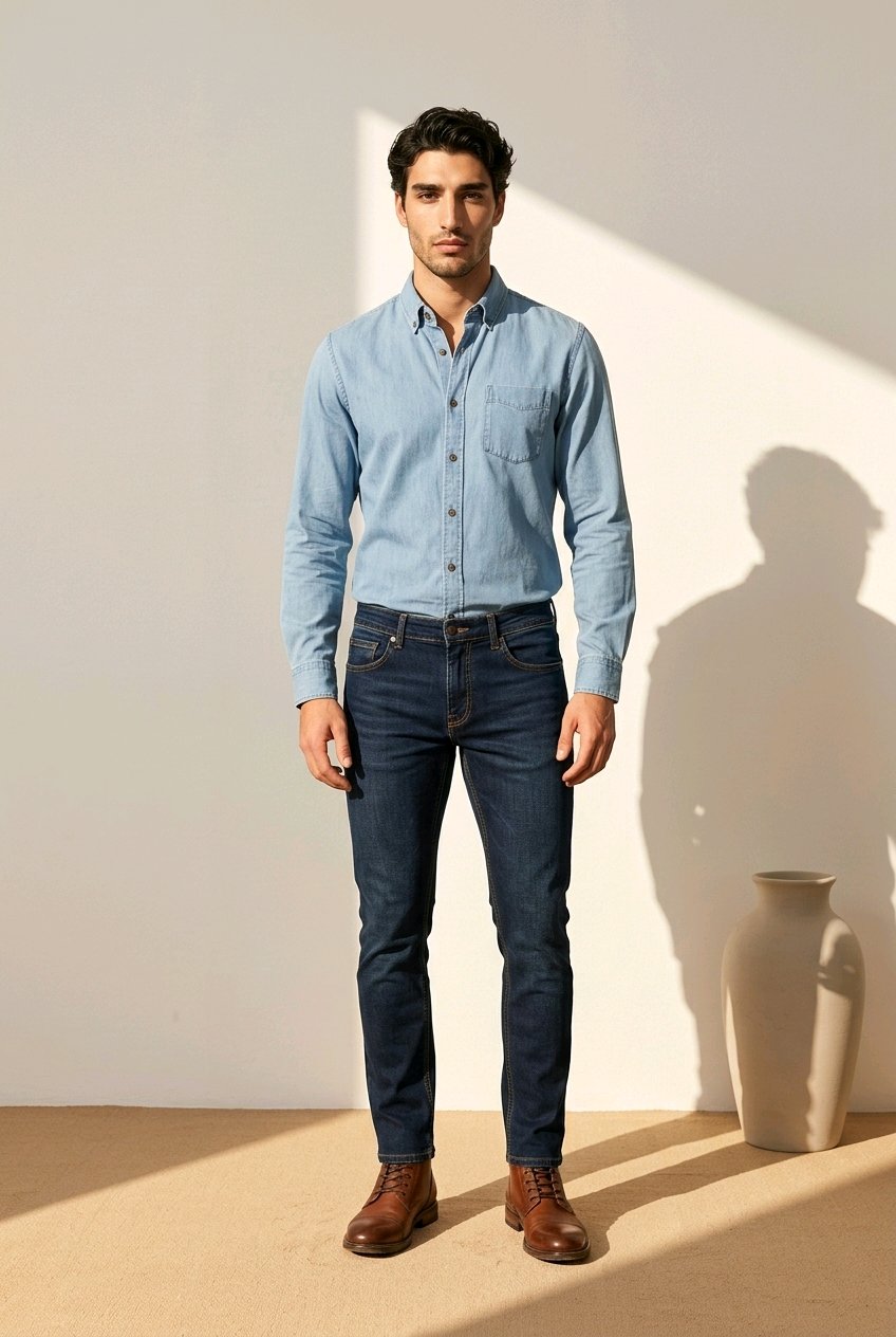 A man stands in a studio wearing a light blue long-sleeve button-up shirt, dark blue jeans, and brown leather shoes. The scene is lit by strong diagonal sunlight casting a prominent shadow on the wall, with a neutral beige floor and a ceramic vase in the background.
