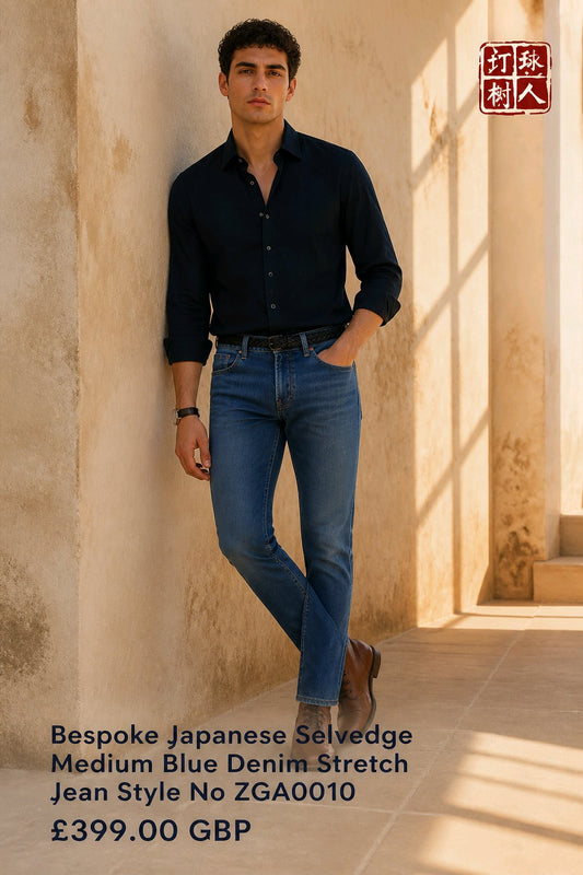 A man stands in a sunlit architectural corridor wearing a dark navy button-up shirt and medium blue denim jeans. Text at the bottom reads 'Bespoke Japanese Selvedge Medium Blue Denim Stretch Jean Style No ZGA0010' and '£399.