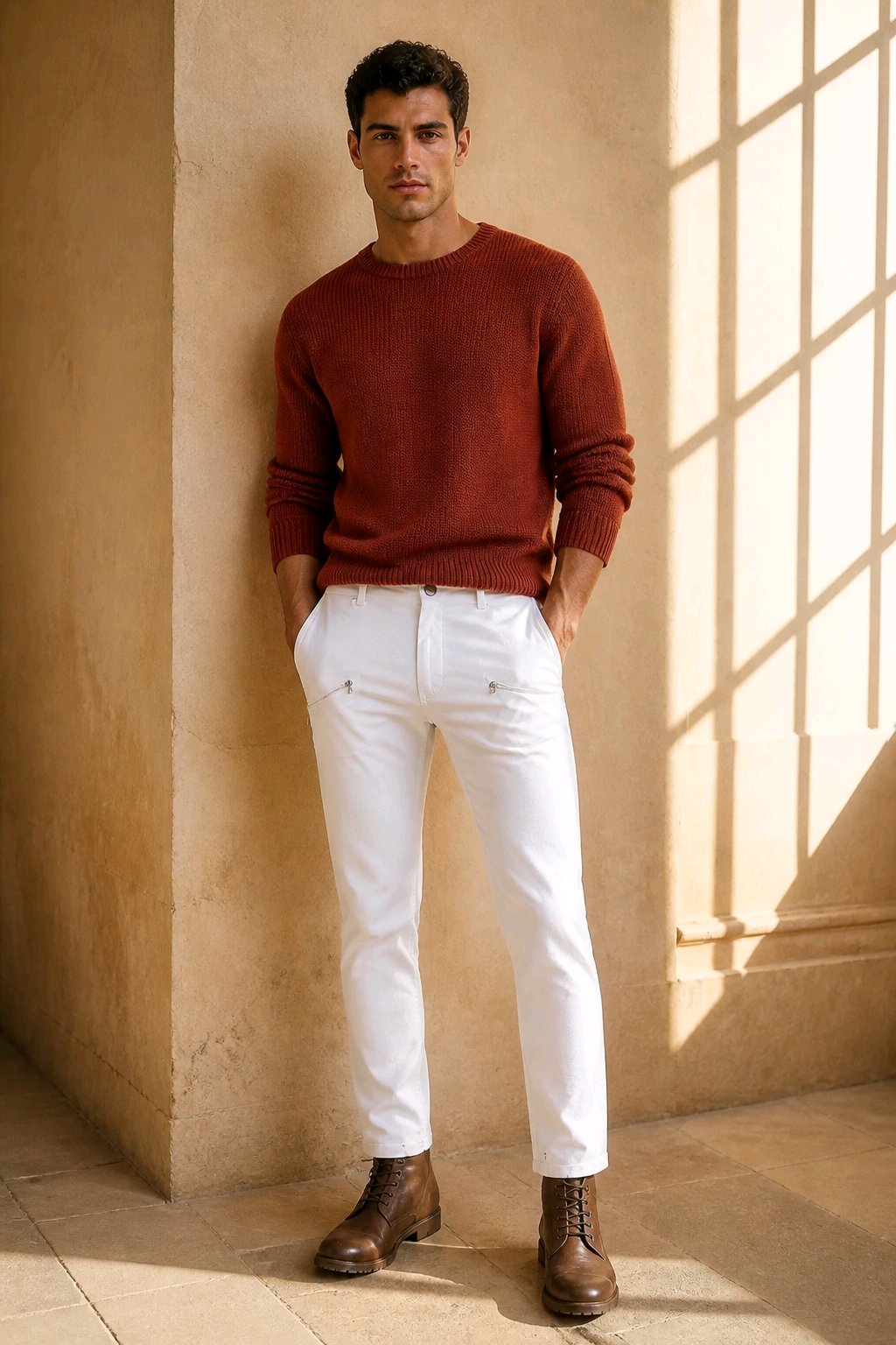 A man stands in a sunlit architectural setting wearing a rust-red knit sweater, white trousers, and brown leather boots.