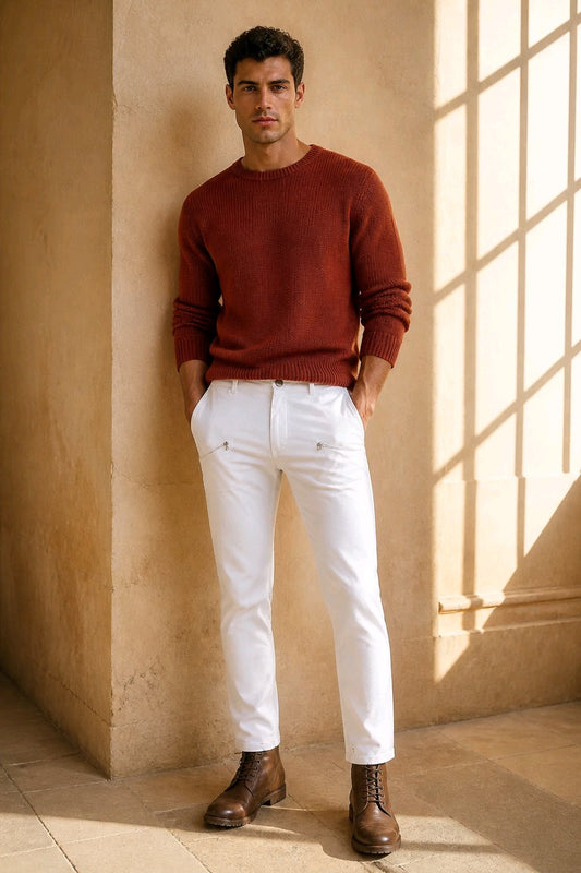 A man stands in a sunlit architectural setting wearing a rust-red knit sweater, white trousers, and brown leather boots.