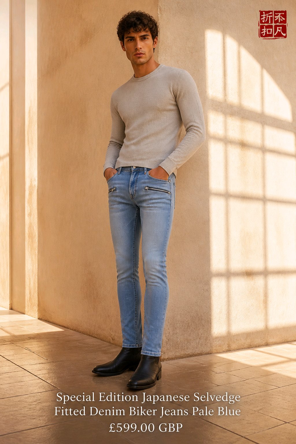 A man stands in a sunlit beige interior wearing a fitted light gray long-sleeve shirt, light blue denim jeans, and black ankle boots. Text at the bottom reads 'Special Edition Japanese Selvedge Fitted Denim Biker Jeans Pale Blue £599.