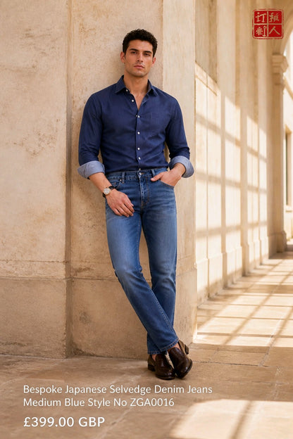 A man stands in a sunlit corridor wearing a dark blue long-sleeve button-up shirt with rolled sleeves and medium blue jeans. Text at the bottom reads 'Bespoke Japanese Selvedge Denim Jeans Medium Blue Style No ZGA0016' and '£399.