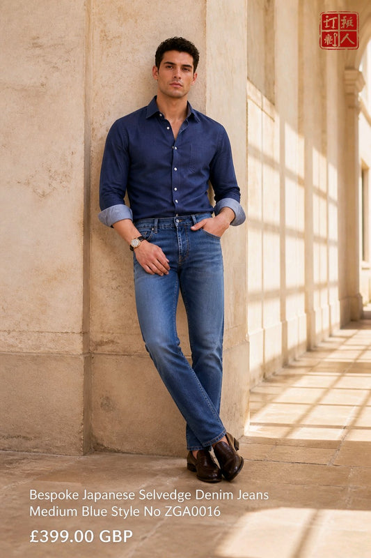 A man stands in a sunlit corridor wearing a dark blue long-sleeve button-up shirt with rolled sleeves and medium blue jeans. Text at the bottom reads 'Bespoke Japanese Selvedge Denim Jeans Medium Blue Style No ZGA0016' and '£399.