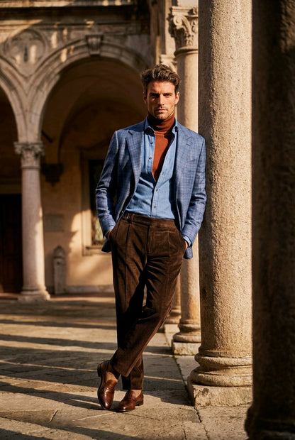 A man stands in a sunlit outdoor corridor with stone columns, wearing a blue patterned blazer over a rust-orange turtleneck and dark brown corduroy trousers.