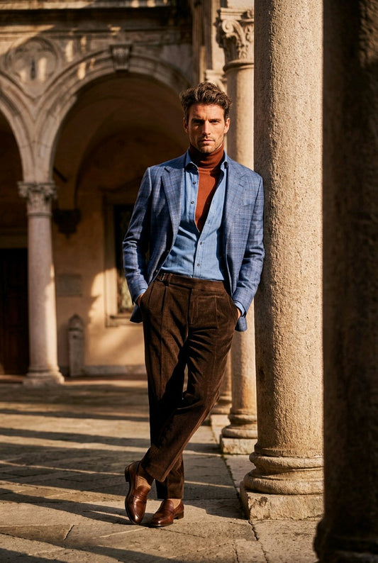 A man stands in a sunlit outdoor corridor with stone columns, wearing a blue patterned blazer over a rust-orange turtleneck and dark brown corduroy trousers.