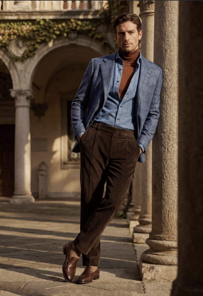 A man stands in a sunlit outdoor courtyard wearing a blue plaid blazer over a blue shirt, a rust-brown turtleneck, dark brown corduroy trousers, and brown leather shoes