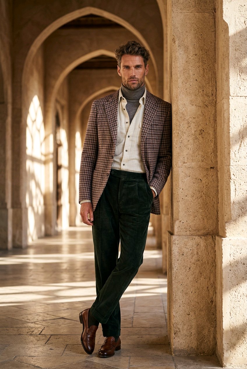 A man stands in a sunlit stone arcade wearing a brown and beige checkered blazer over a cream shirt and dark green corduroy trousers, with brown leather shoes.