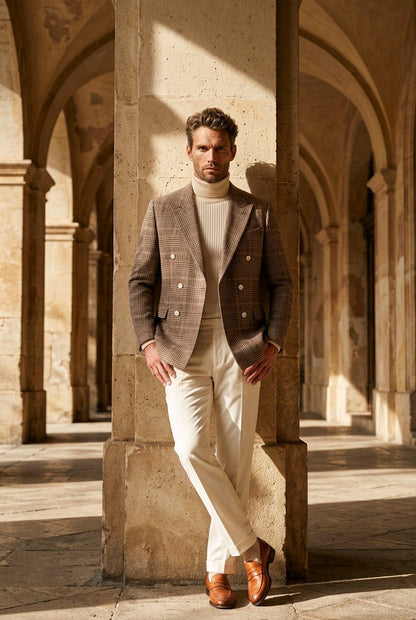 A man stands in a sunlit stone arcade wearing a brown double-breasted plaid blazer over a cream turtleneck, cream trousers, and brown leather shoes.