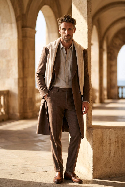 A man stands in a sunlit stone arcade wearing a tailored brown suit with a light beige shirt, a dark brown overcoat draped open, a cream shawl, and brown loafers.